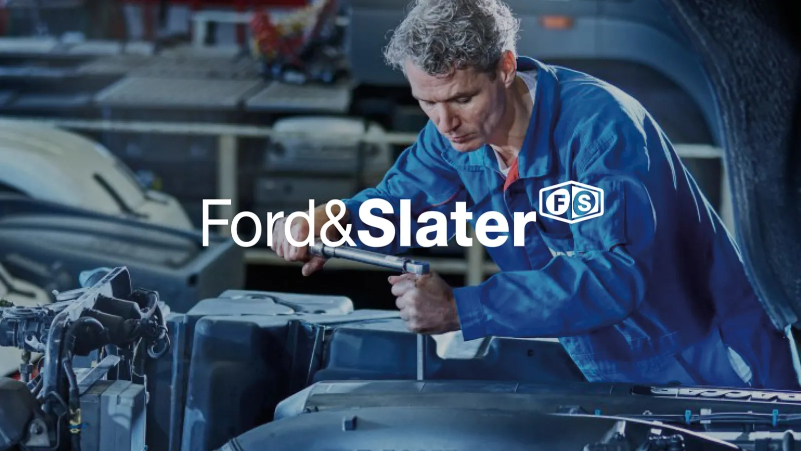 Mechanic working on a vehicle engine with Ford & Slater logo overlay.